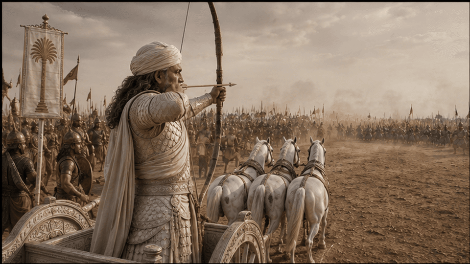 Bhishma releases a concentrated arrow storm that breaks the Pandava formation