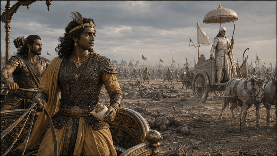 Krishna rushes toward Bhishma with the Sudarshana discus while Arjuna clings to his feet and pleads with him to stop
