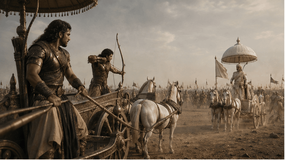 With Shikhandin positioned in front, Arjuna's arrows bring Bhishma down onto a bed of arrows