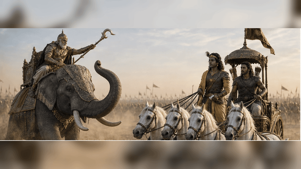 Bhagadatta attacks from his elephant and Krishna receives the Vaishnava weapon as a garland
