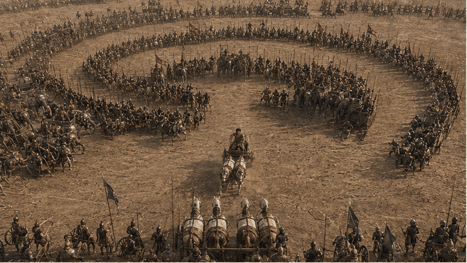 Abhimanyu enters the opening in Drona's circular formation before the ranks close and Jayadratha blocks the Pandava rescuers
