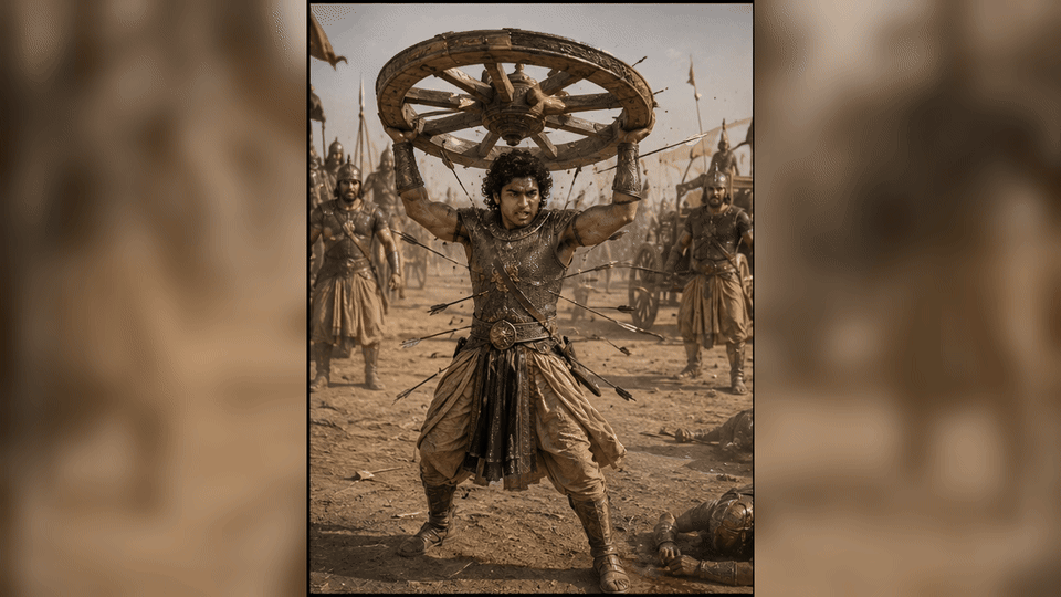 Abhimanyu continues fighting with a broken chariot wheel and then a mace