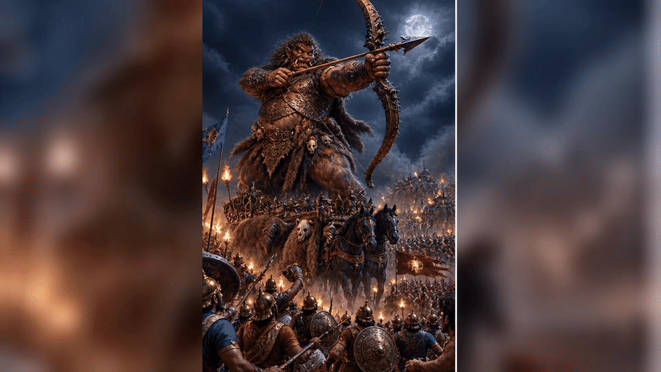 Ghatotkacha towers over the Kaurava ranks during his night assault