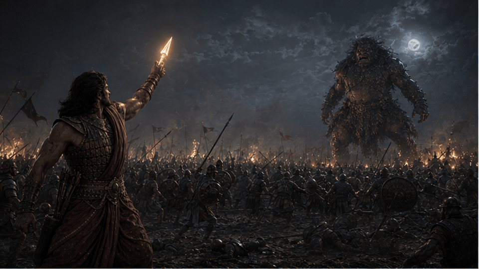 Karna's one-use Vasava Shakti strikes Ghatotkacha before the Rakshasa falls across the Kaurava ranks