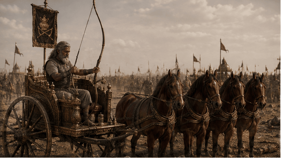Drona lays down his bow, enters meditation, and is killed by Dhrishtadyumna
