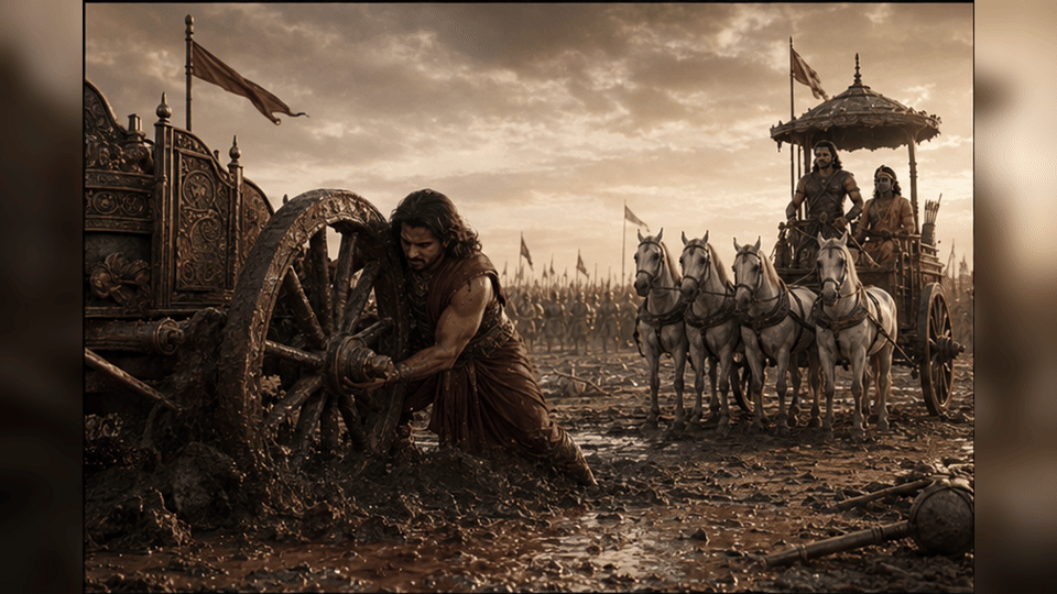 Karna strains beside his sunken chariot wheel as Arjuna prepares and releases the fatal arrow