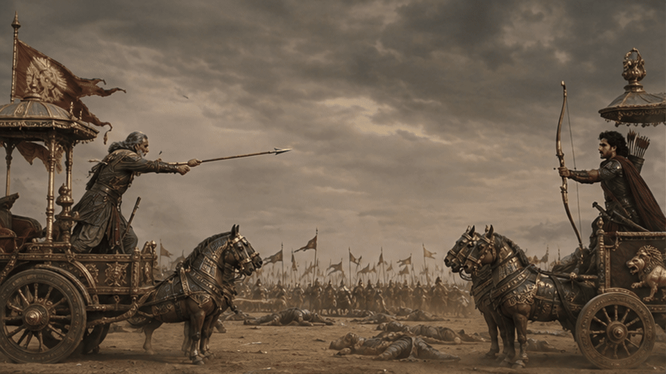 Across the space between their chariots, Sahadeva breaks Shakuni's lance and releases the final broad-headed arrow