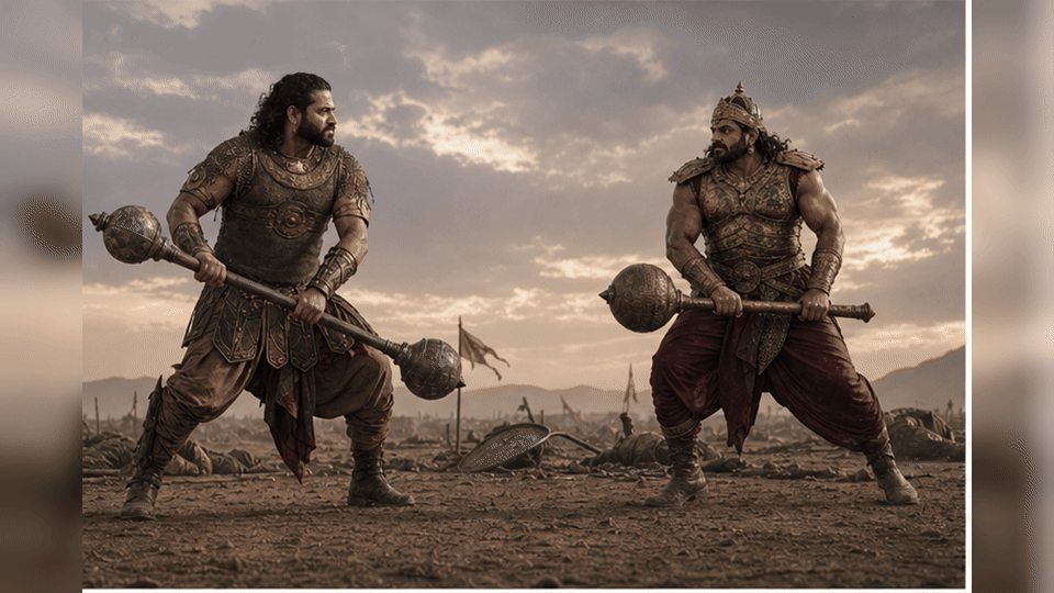Bhima redirects his mace into Duryodhana's thighs during their final duel