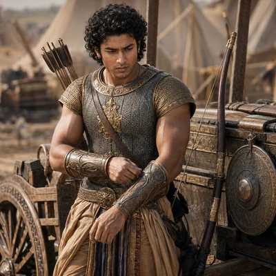 Abhimanyu adjusts his bracer before battle in gold-decorated mail with bow and shield ready