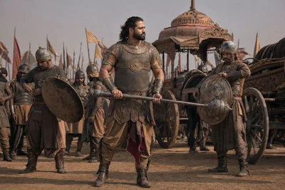 Bhīma stands in fitted mail among ordinary soldiers, visibly broader and slightly taller while checking the balance of his heavy mace