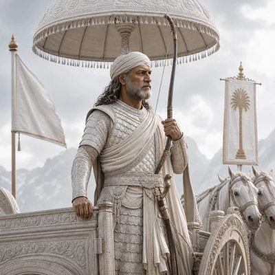 Bhīṣma prepares in white mail and headgear beneath a white umbrella, with white horses and palmyra standard