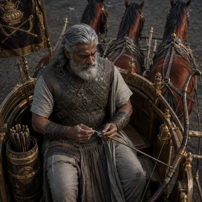 Droṇa inspects an arrowhead from his golden chariot before battle as four red horses wait