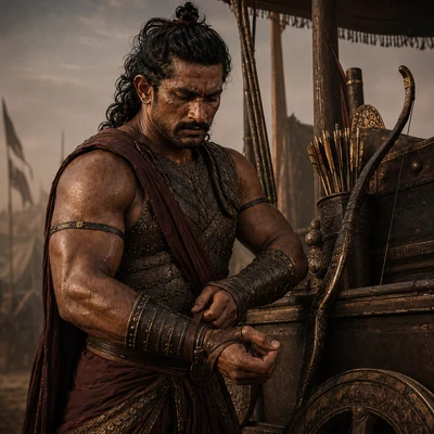 The gigantic Duḥśāsana tightens his bracer with bow and quiver ready before battle