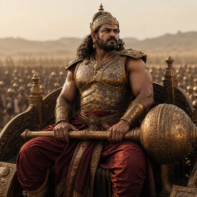 Duryodhana sits in golden battlefield armor with his heavy mace resting across his thighs