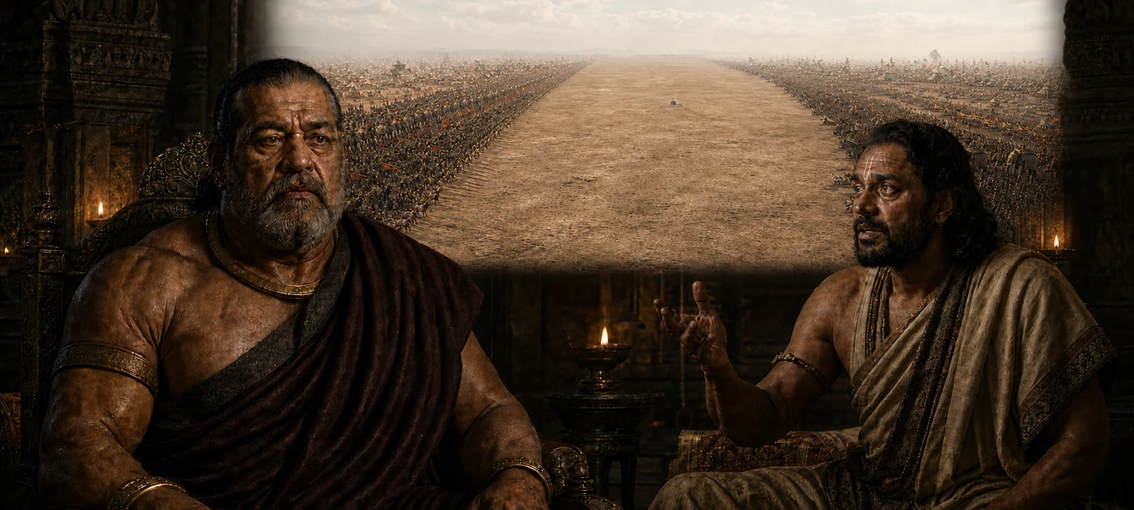 Blind King Dhṛtarāṣṭra listens as Sañjaya uses celestial perception to recount the two distant armies assembled across Kurukṣetra at sunrise