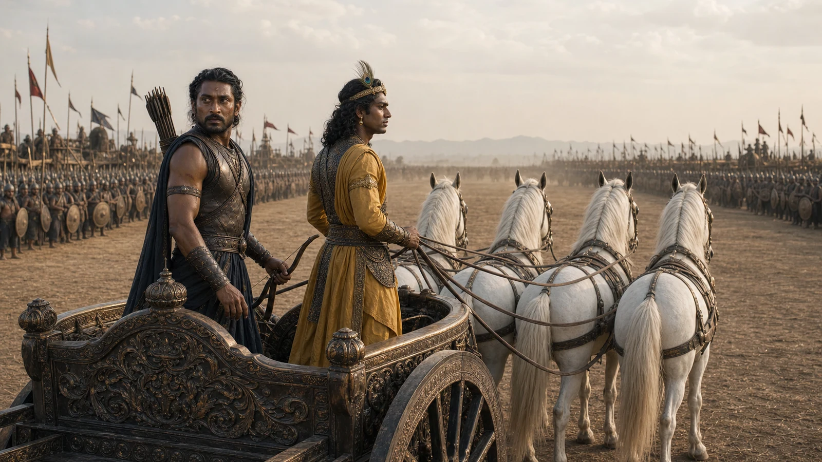 Kṛṣṇa and Arjuna wait in their four-horse chariot between the two distant armies