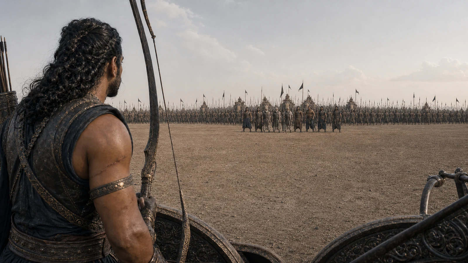 Arjuna recognizes Bhishma, Drona, Duryodhana, and other relatives across the broad no-man's-land