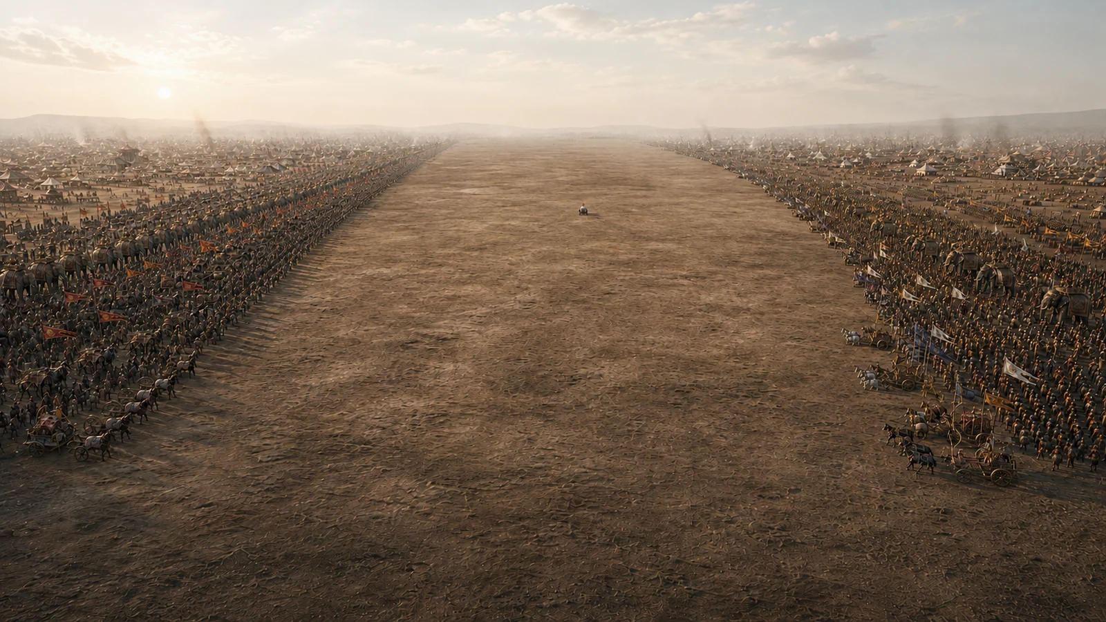 At sunrise, a vast empty battlefield separates the Kaurava army on the left from the Pāṇḍava army on the right, with dense ranks of infantry, cavalry, chariots, elephants, and distant camps extending toward the horizon