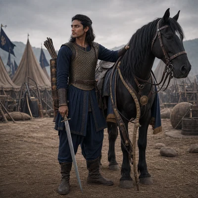 Nakula stands beside a black horse with his blue-steel sword lowered and tiger-marked quiver secured