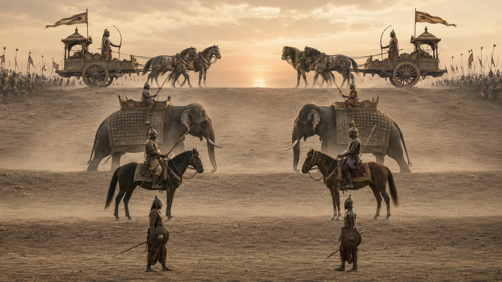 Matched battlefield classes: chariot against chariot, elephant against elephant, cavalry against cavalry, and infantry against infantry