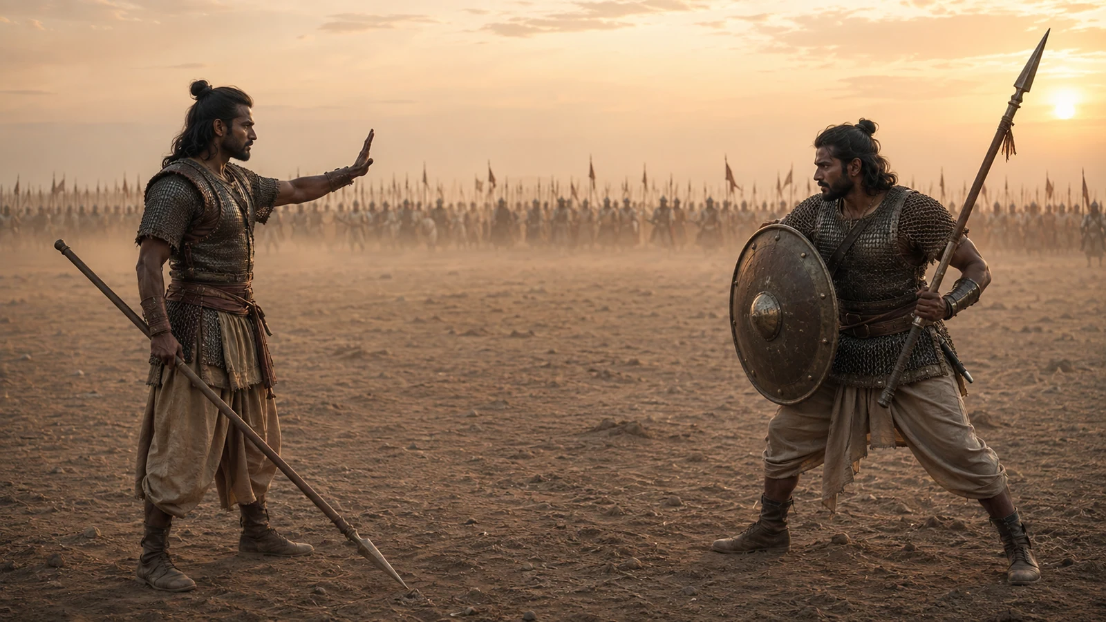 A warrior raises an open hand to warn an equally armed opponent before combat