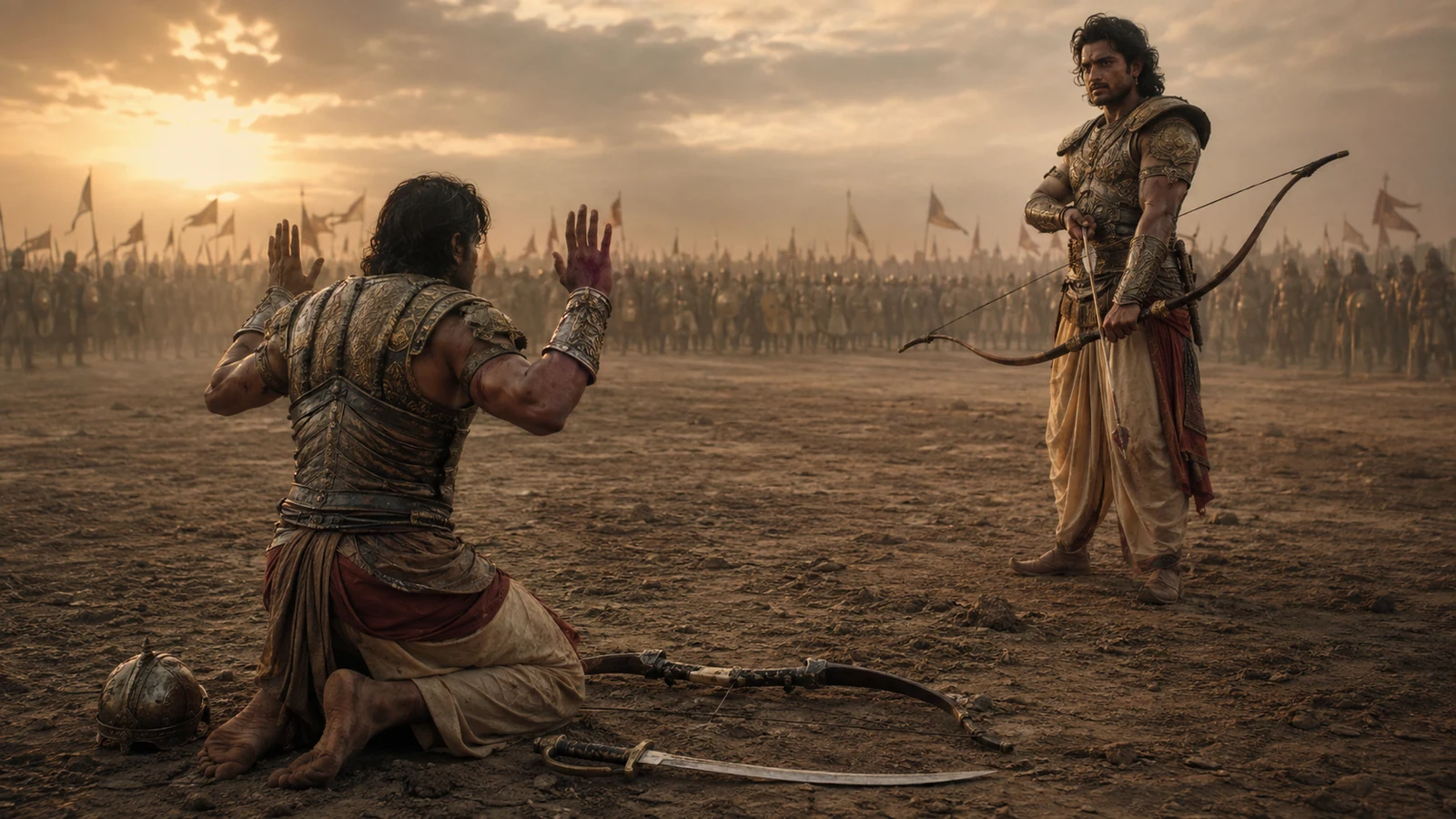 An armed warrior lowers his bow as a disarmed opponent kneels and surrenders