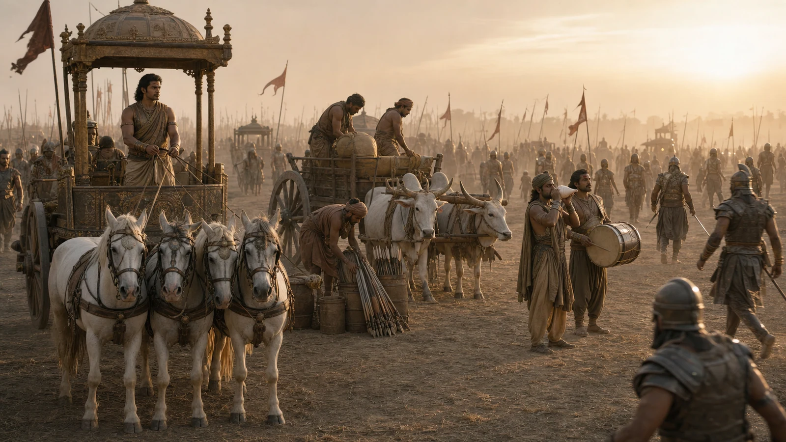 Protected battlefield support roles including charioteers, draft animals, transport workers, a drummer, and a conch blower
