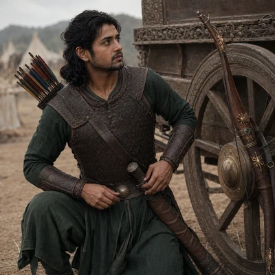 Sahadeva kneels to inspect his cowhide-sheathed sword and multicolored arrows before battle