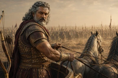 Śalya checks and tensions his chariot reins before battle while his bow remains secured