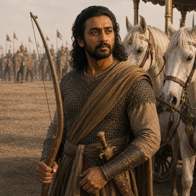 Yudhiṣṭhira in mail before battle, carrying his red-motif bow and gold-hilted sword beside his ivory horses