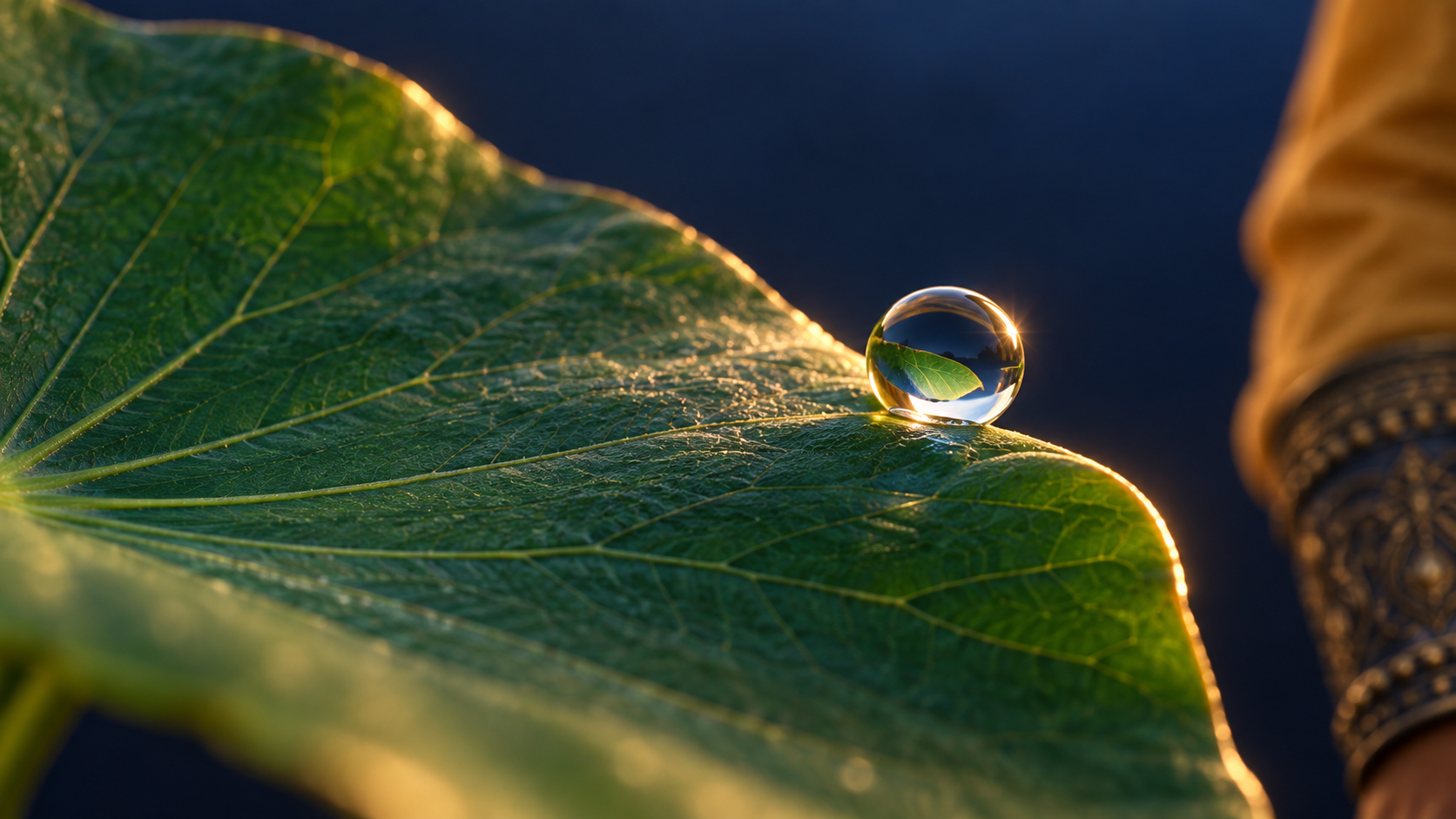 A single water bead rests on an emerald lotus leaf, catching the golden light beside a glimpse of Kṛṣṇa’s ochre sleeve.