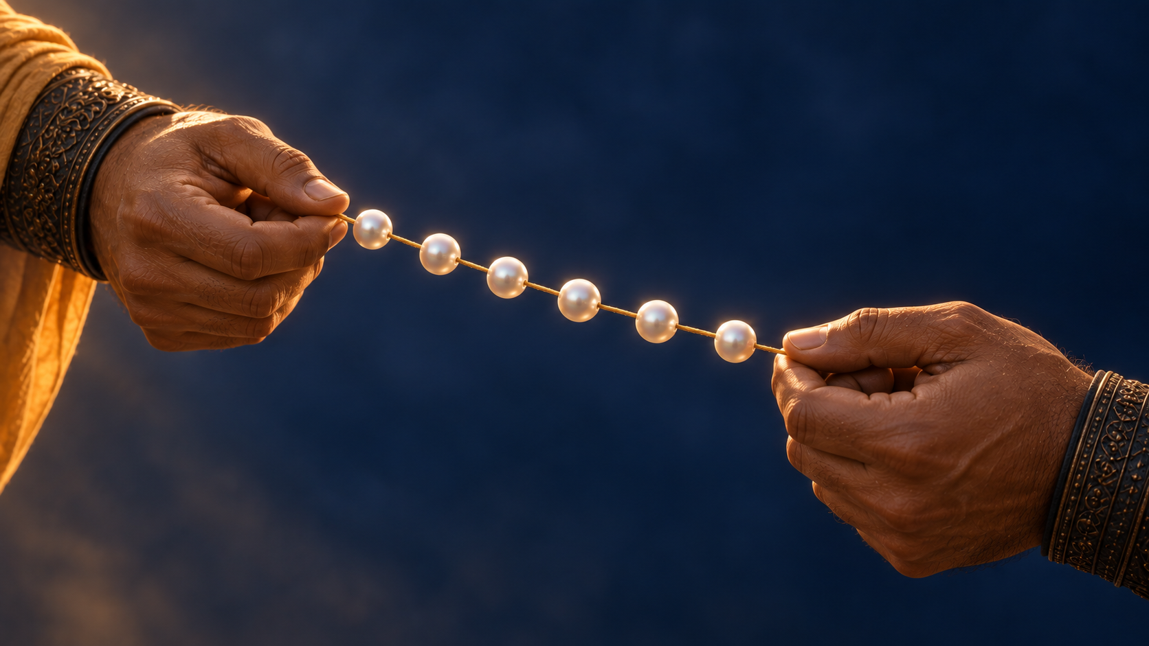 Kṛṣṇa and Arjuna hold a single visible thread carrying luminous pearls, showing what connects them.