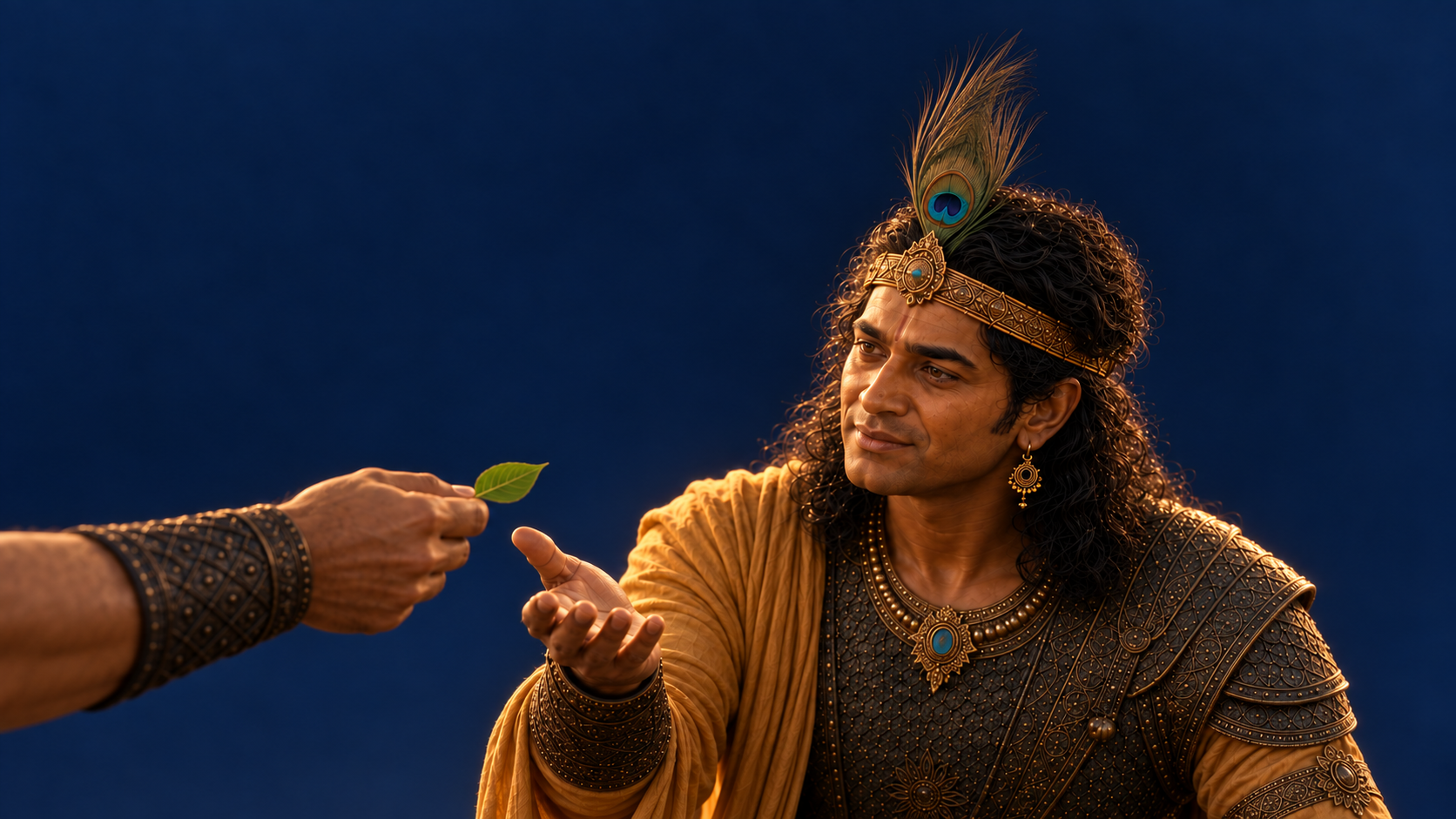 Kṛṣṇa warmly accepts a single green leaf from Arjuna’s outstretched hand.