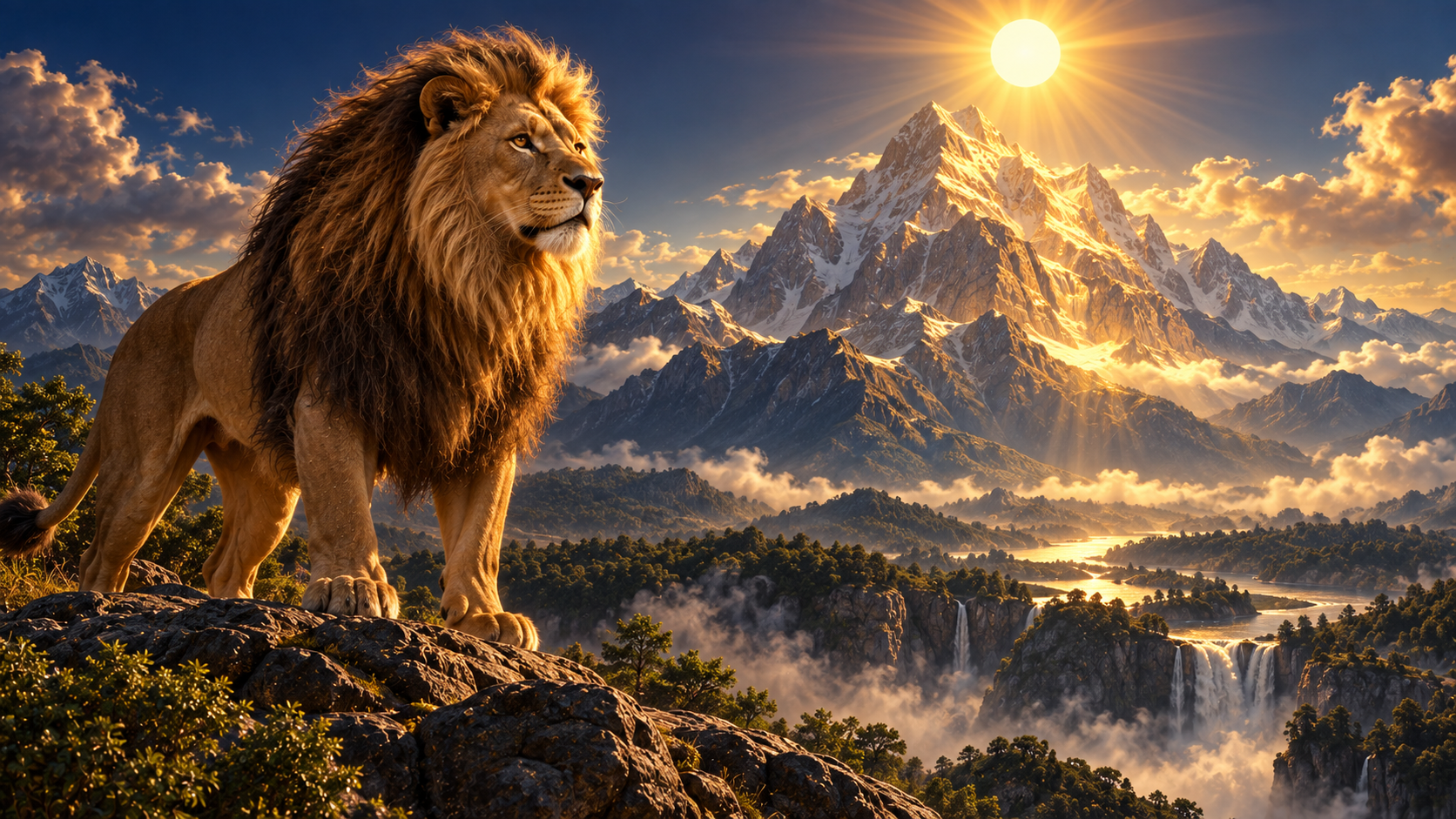 A lion stands before immense sunlit mountains beneath a radiant sky, illustrating the wonders Kṛṣṇa describes.