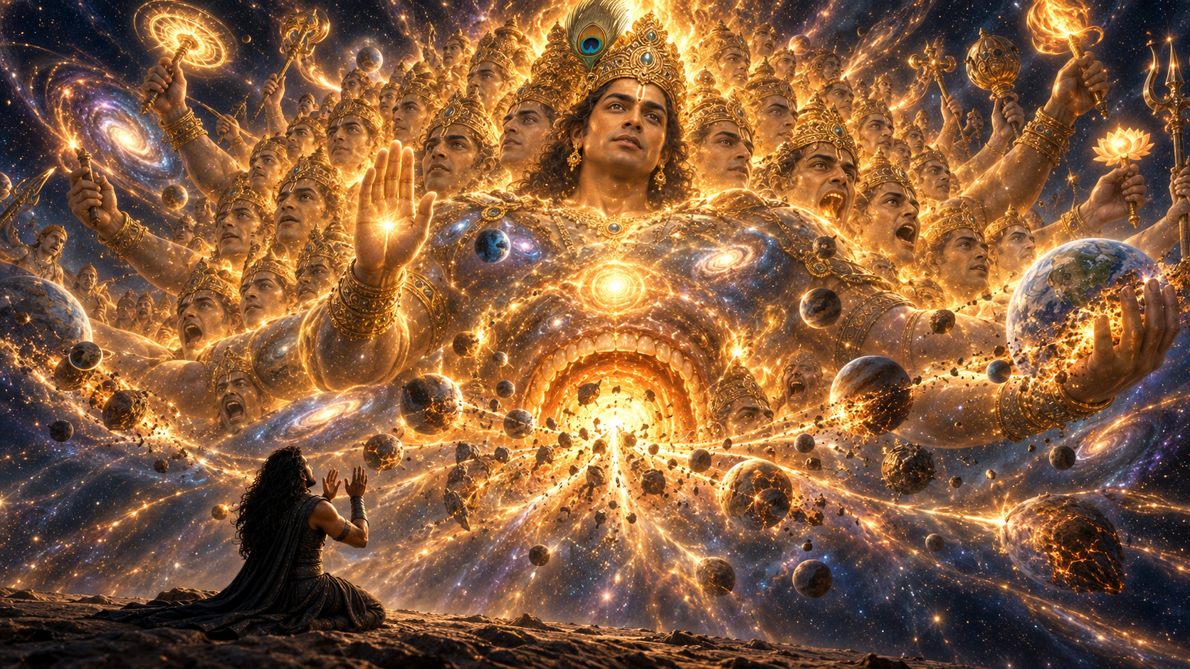 Arjuna kneels before Kṛṣṇa’s immense universal form, filled with countless faces, blazing worlds and fiery mouths that evoke time consuming creation.