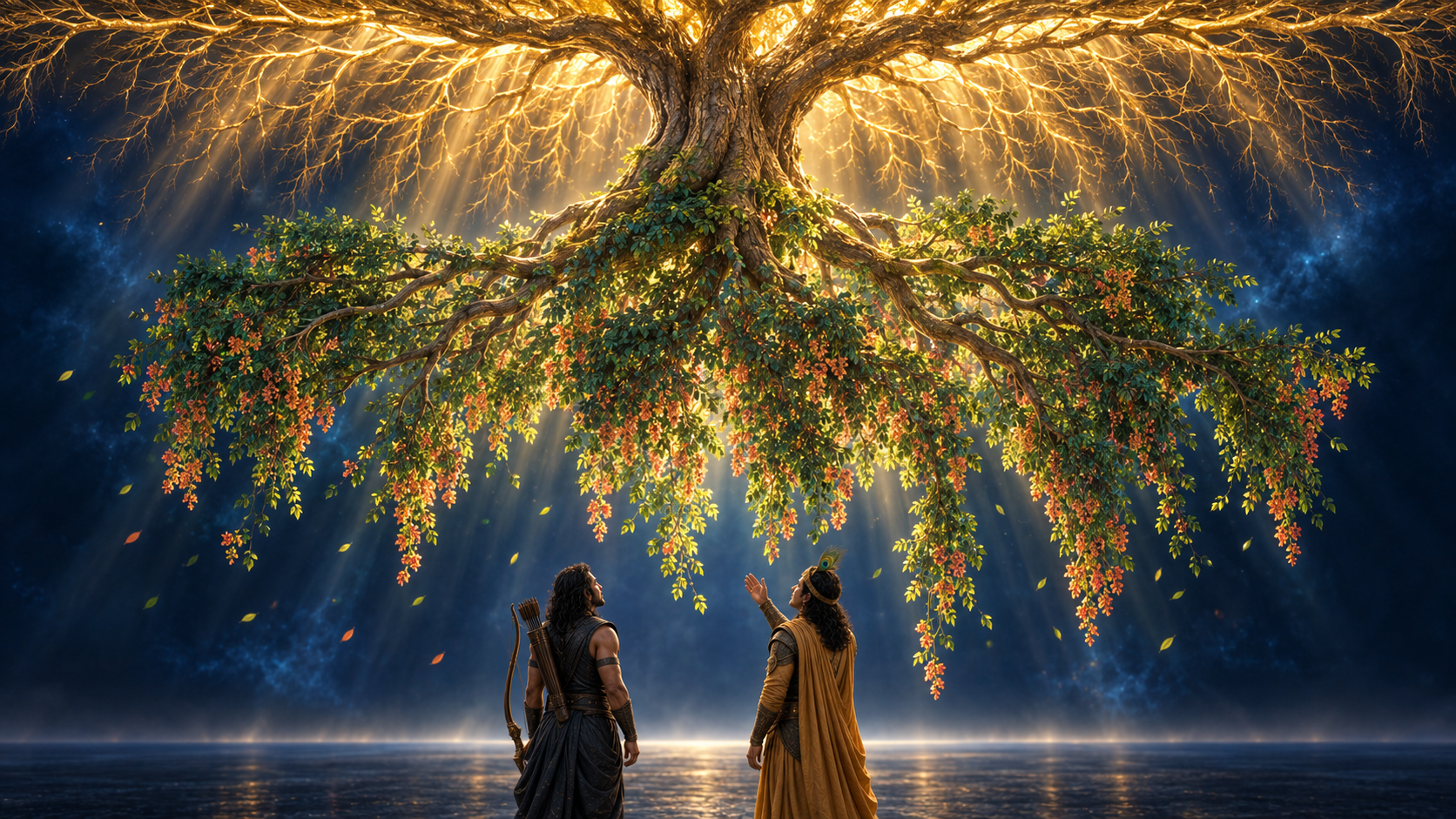 Kṛṣṇa and Arjuna look up at an immense upside-down tree, its golden roots reaching above and green and coral branches cascading toward them.