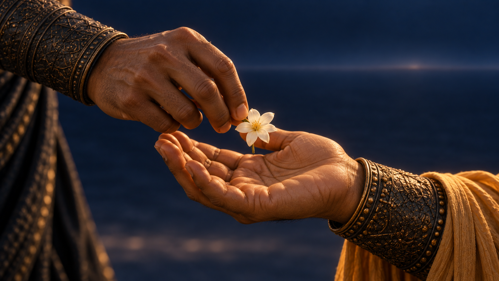 Arjuna gently places one small white flower into Kṛṣṇa’s open palm.